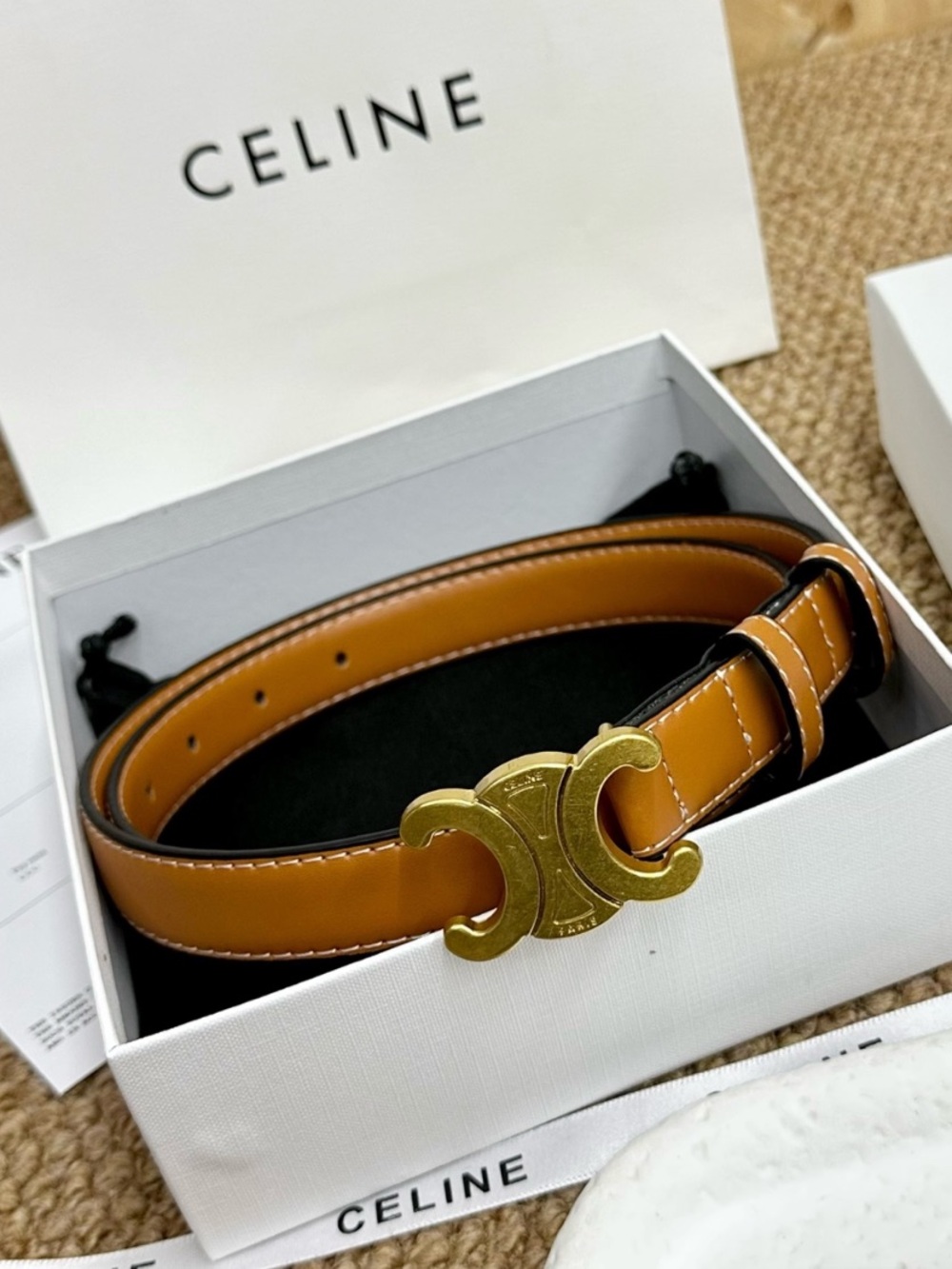 Celine. Gold Tone Triomphe. Buckle Brown Belt
